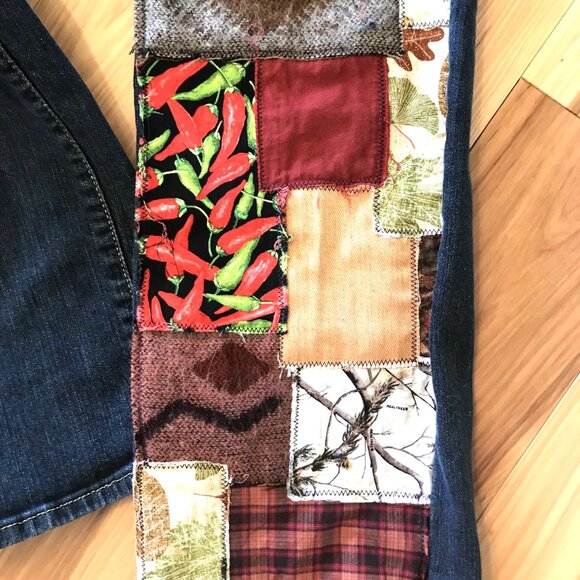 Upcycled Southwest Patchwork Jeans, Women’s 12P: Handmade Aztec Tribal Patches - Picture 7 of 12